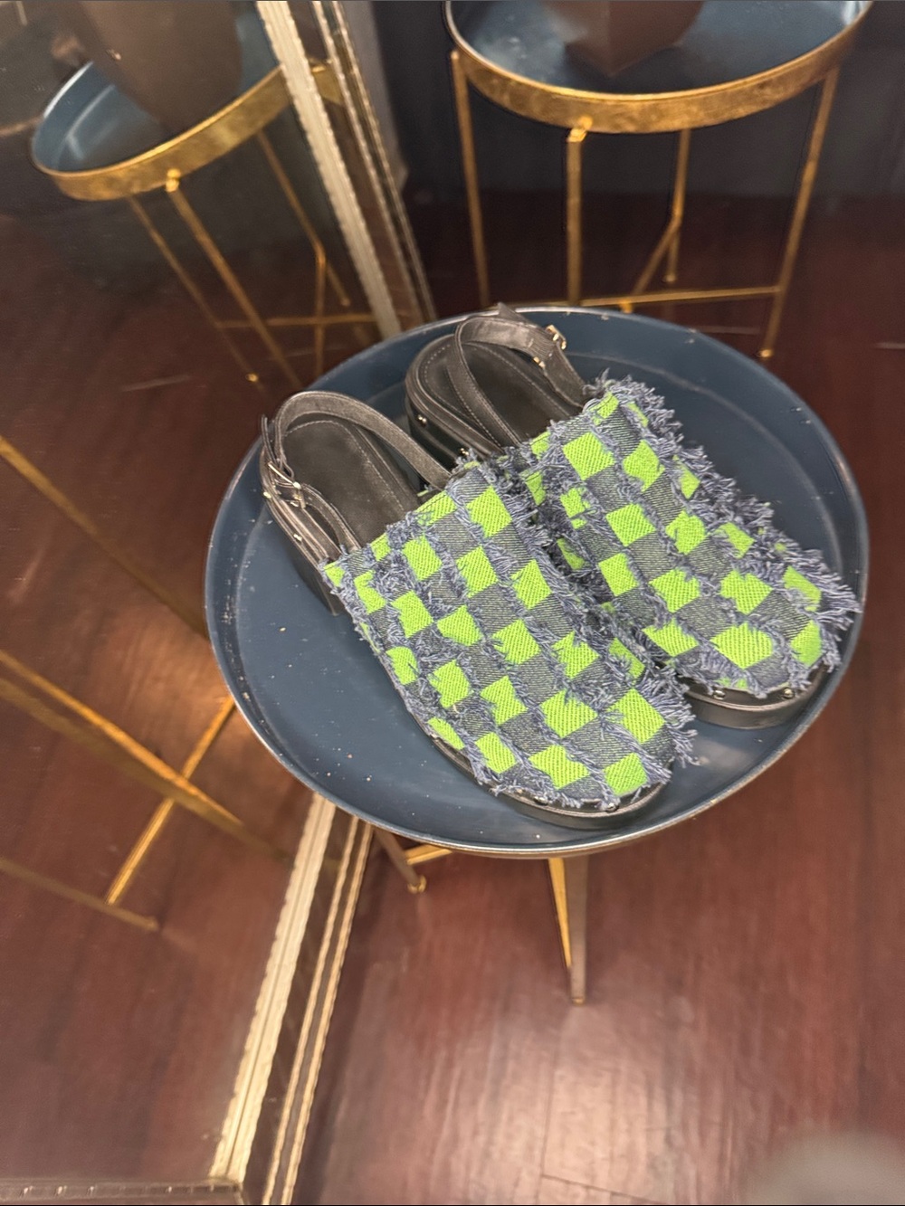 Frayed Checkerboard Slingback Mules in Neon Green & Charcoal